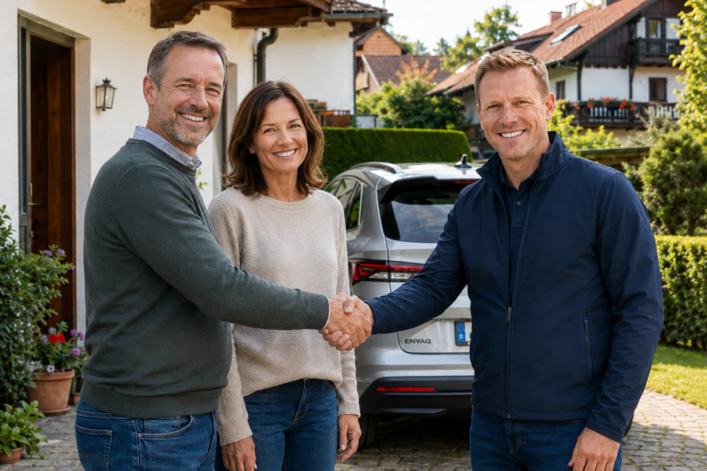 Handschlag zwischen Autohändler und Ehepaar nach Kauf eines Skoda Enyaq